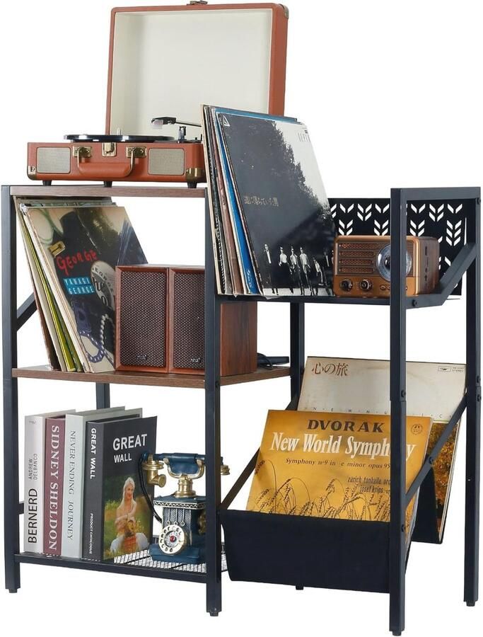 3-laags vinyl platenstandaard voor 150 albums Zwart draaitafelrek met opbergruimte