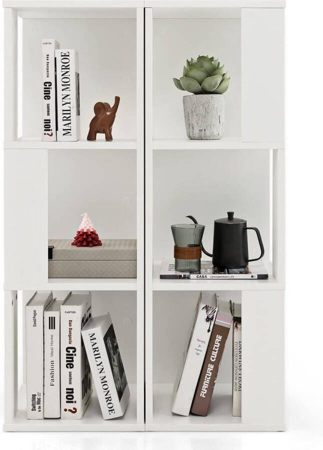 3-Laags Vrijstaande Boekenkast Asymmetrische Display Plank met 6 Vakken Anti-kantelbeveiliging voor Slaapkamer en Kinderkamer (Wit)