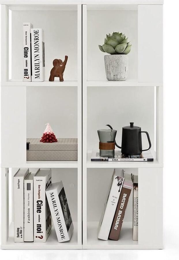 3-Laags Vrijstaande Boekenkast Asymmetrische Display Plank met 6 Vakken Anti-kantelbeveiliging voor Slaapkamer en Kinderkamer (Wit)