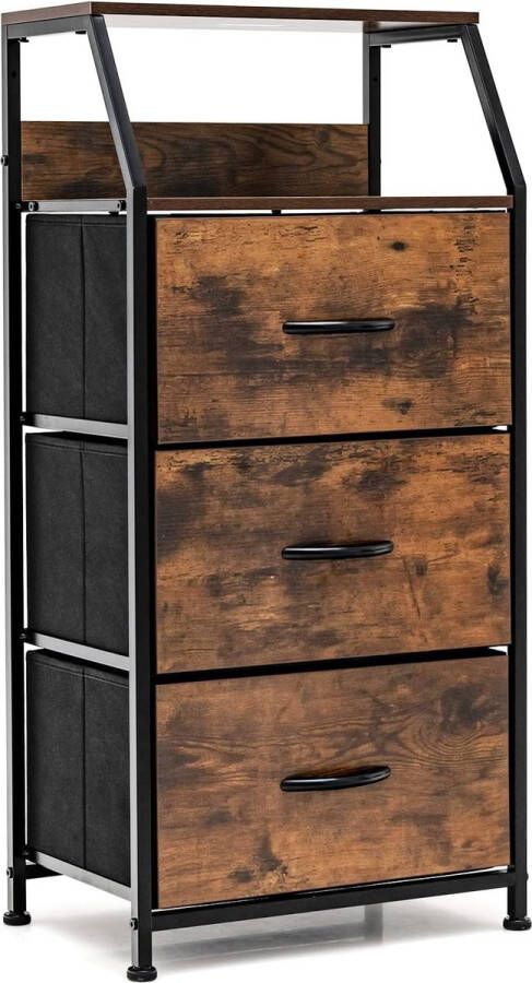 3-Lade Organisator Eenheid Vrijstaande Kast Dressoir met Bovenste Plank & 3 Uitneembare Laden Massief Staal structuur Opvouwbare lade Ideaal voor Slaapkamer Woonkamer Studie Rustiek Bruin