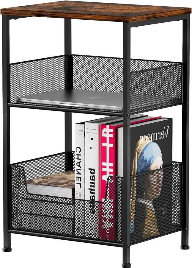 Bijzettafel 3 niveaus 645 cm salontafel met opbergplank smalle bijzettafel voor kleine ruimtes nachtkastje voor woonkamer slaapkamer keuken kantoor rustiek bruin en zwart Beside shelf - Foto 2