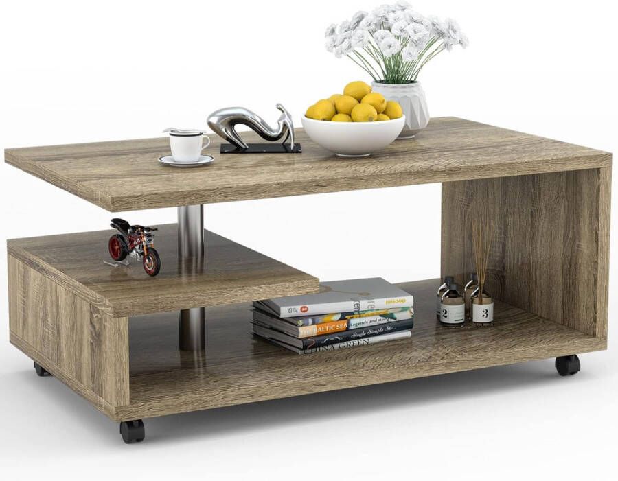 3 niveaus salontafel van hout op wieltjes bijzettafel modern 105 x 60 x 46 cm (bruin)