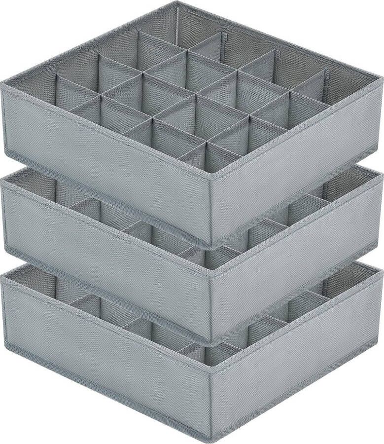 3 opbergdozen 16-cel lade-organizer opvouwbare garderobe-sokken-organizer lade-organizer-systeem voor ondergoed sokken stropdassen grijs