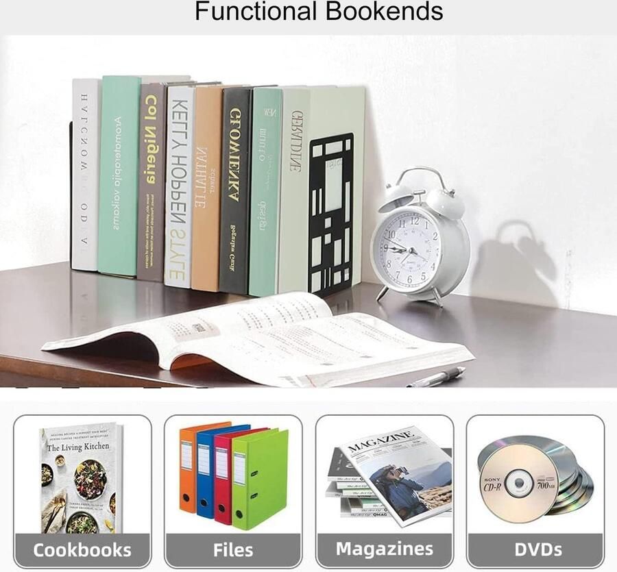 3 paar metalen boekensteunen geometrische boekensteunen antislip boekenstandaard boekenplank voor keuken kantoor school bibliotheek (Rooster)