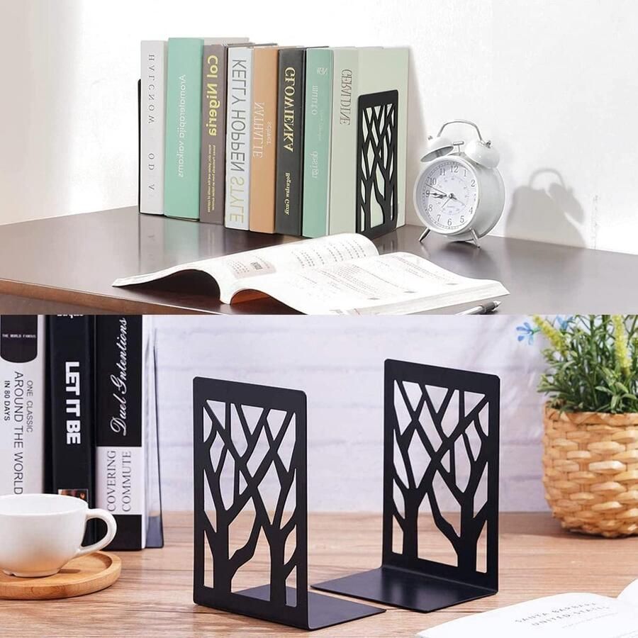 3 paar metalen boeksteunen decoratieve boekenhouder rek antislip boekenstandaard boomdesign voor keuken kantoor school bibliotheek (zwart)