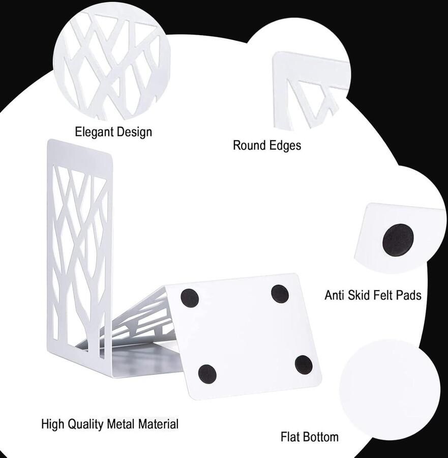 3 paar metalen decoratieve boeksteunen antislip boekenhouder rek in boomdesign voor keuken kantoor school bibliotheek (Wit)