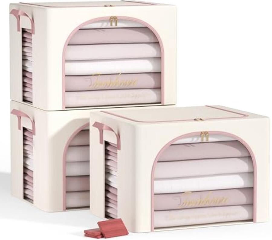 3-Pack Opbergdozen voor Kleding met Metaalframe Stapelbare Vouwbare Kledingopslag met Cederblokken en Raam met Rits 70L Off White