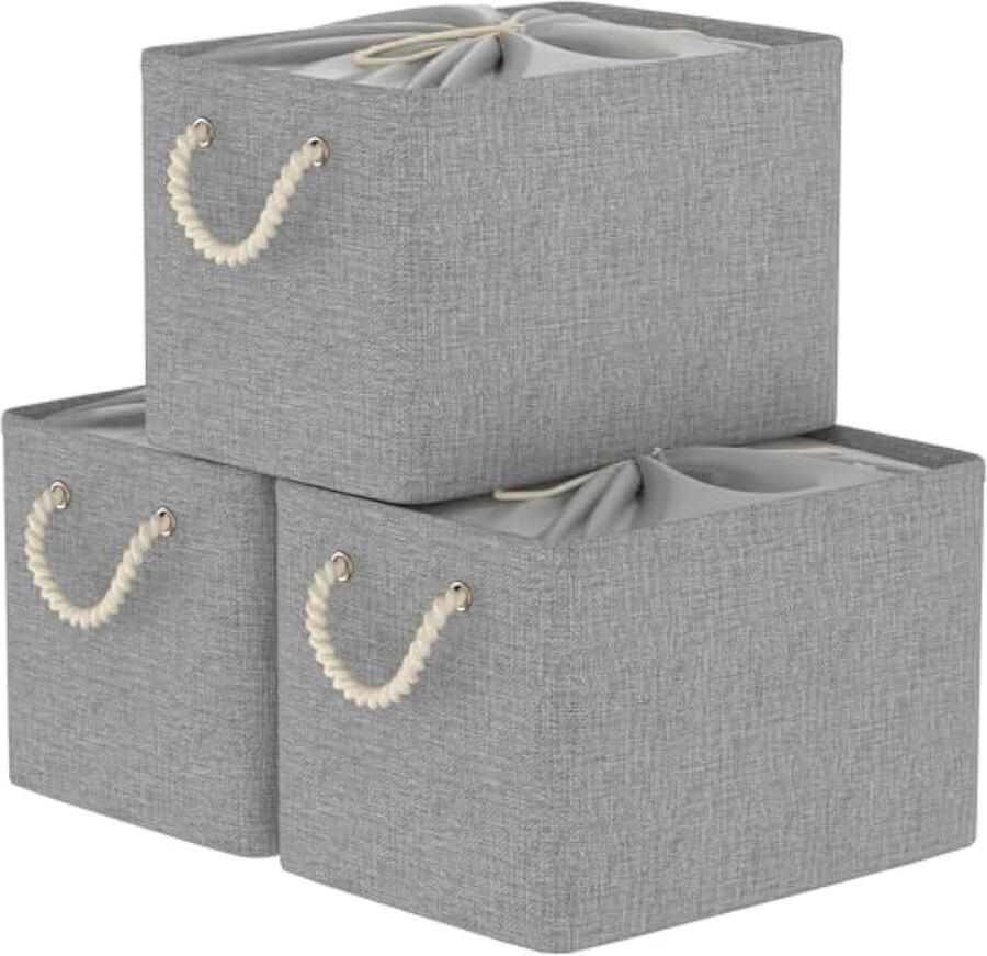 3-Pack Opbergmand Stof Opvouwbare Opbergmanden met Koorddeksel en 2 Handvatten voor Kast en Plank 38x28x26cm Grijs SNK003GL