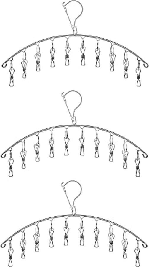 3 Pack RVS Wasserij Droogrek met 10 Clips voor Sokken en Kleine Accessoires