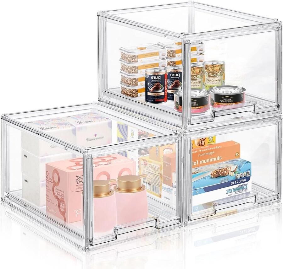 3 Packs Grote Plastic Stapelbare Opbergladen Clear Organizer met Uittrekbare Lade voor Keukenkast Pantry Koelkast Vriezer Plank Organisatie en Opslag
