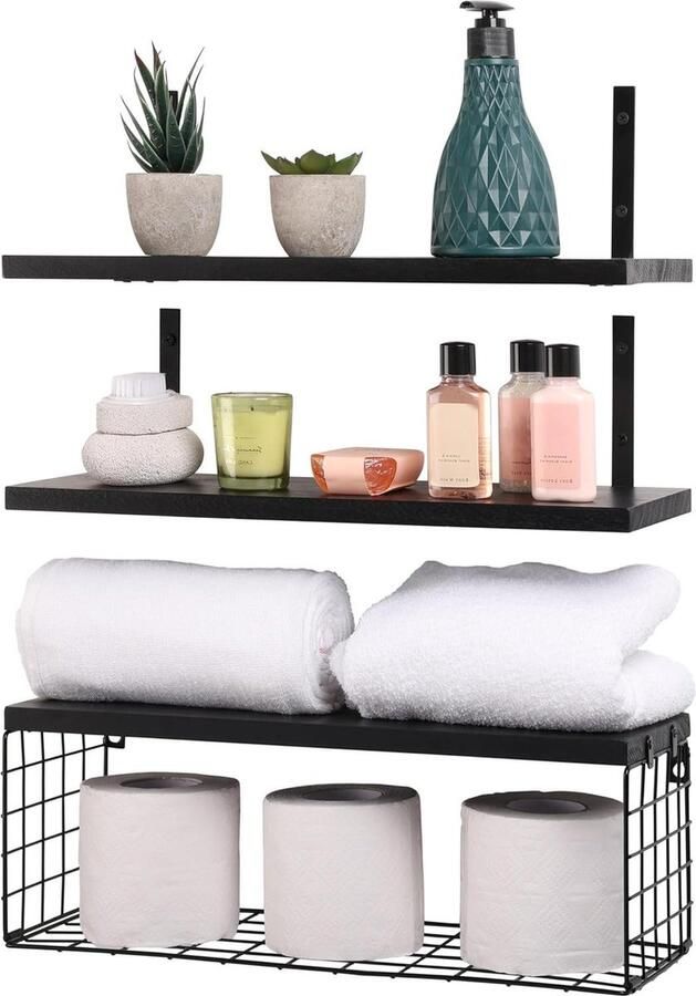 3 Pak Zwart Zwevende Planken 42 cm Lang Rustieke Muur Gemonteerde Planken Opslag Set Voor Slaapkamer Woonkamer Keuken Badkamer Belle Vous
