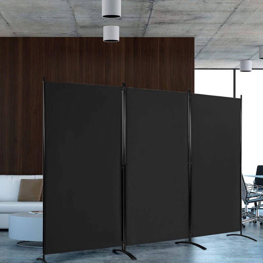 3-Paneel houten kamerverdeler 260 x 183cm inklapbaar privéscherm met duurzame scharnieren vrijstaand scheidingswand meubilair kamerscherm voor thuis kantoor badkamer slaapkamer (Zwart)