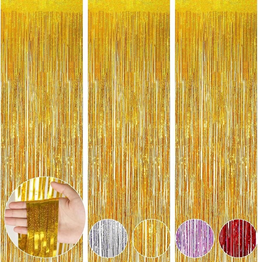 3 Pcs Fringed Metallic Tinsel Foil Fringe Curtains Ideal for Birthday Graduation Wedding Vacations Gold