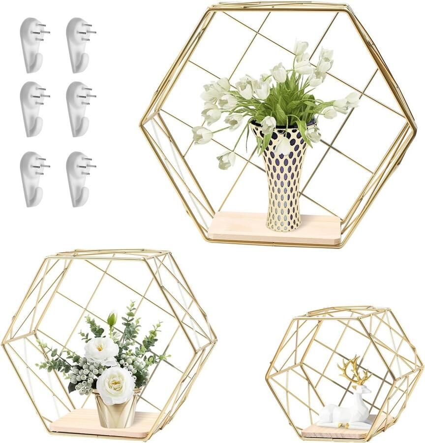 3 Pcs Hexagonal Wall Shelves 3 Sizes Wall Mounted Floating Shelves Gold Decorative Geometric Hanging Shelf Metal Wire and Wood Veneer Wall Storage Display voor Woonkamer