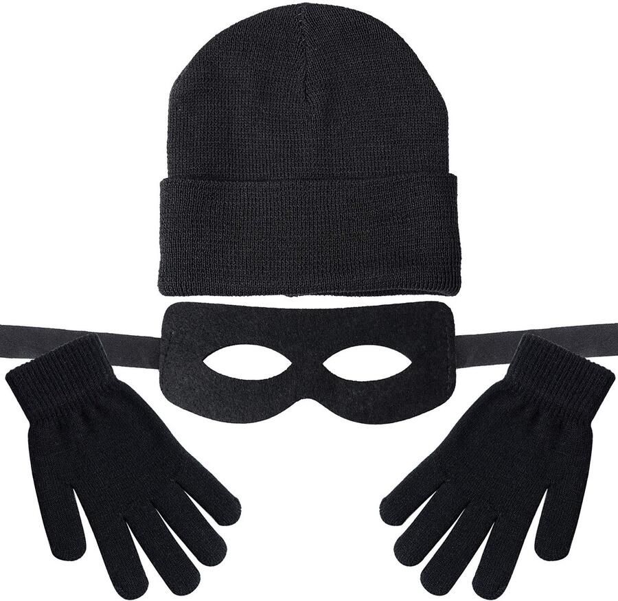 3 Pcs Rover Costume Set Bandit Props Kit Including Bandit Gloves Knitted Hat Cap for Halloween Cosplay Burglar Theme Party Carnival Dress Up Black M