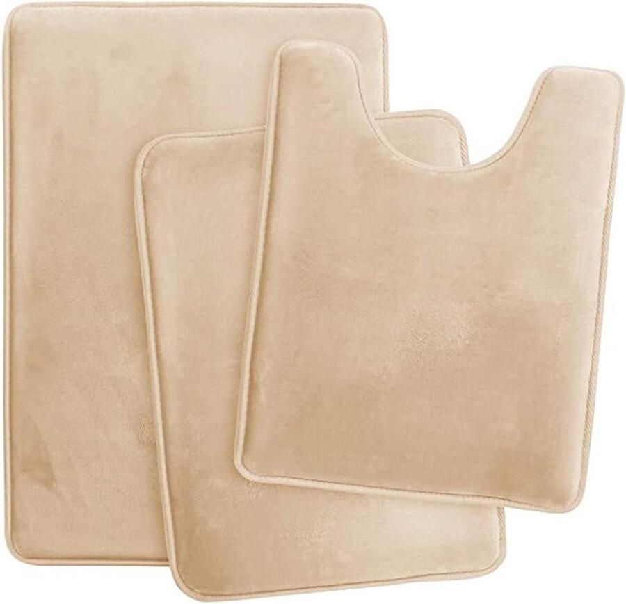 3 Piece Bath Rug Set Khaki Microfiber Bathroom Rug Set with Toilet Mat U Shaped Mat and 2 Bathroom Mats