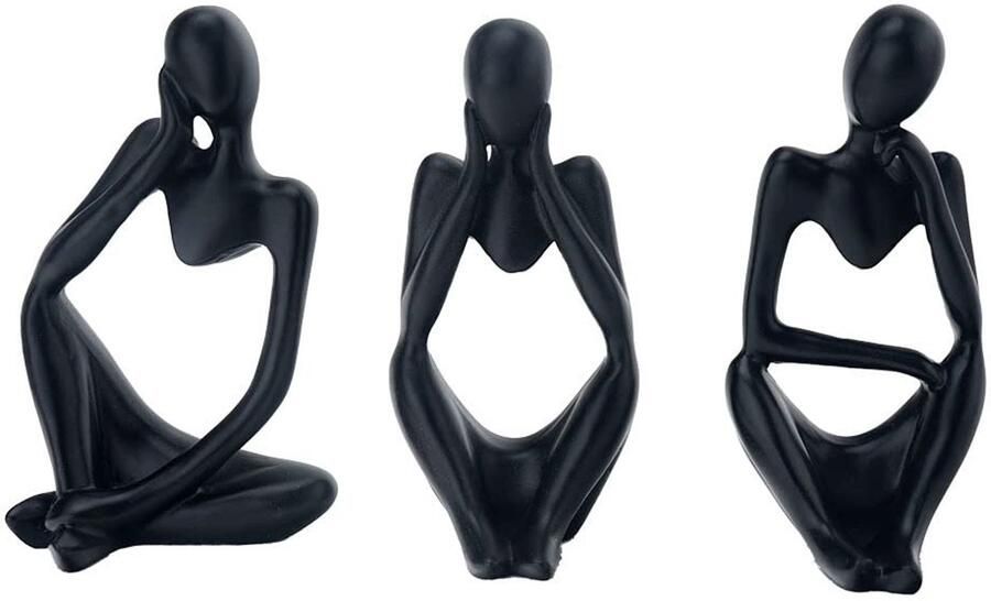 3 Piece The Thinker Statue Resin Abstract Sculpture Thinker Statue Collectible Figures Art Home Office Table Desk Bookshelf Decor (Black)