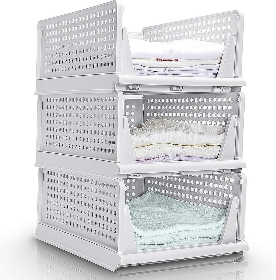 Garderobe-organizer Stapelbaar 3 stuks Kledingopbergdoos Uittrekbare ladeverdelers Opvouwbaar Plastic manden Mand kubussen Planken Thuiskantoor Slaapkamer Beige Herbruikbaar 43x33x19cm
