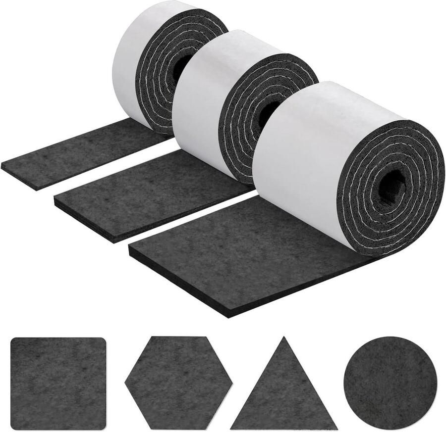 3 Rolls of Self-Adhesive Felt Glides for Chairs and Furniture 5 mm Thick Various Sizes and Shapes Black