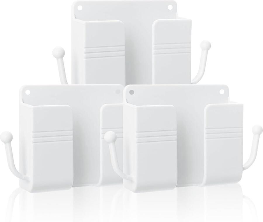 3-stukken witte telefoonhouder aan de muur telefoonhouder aan het bed telefoonhouder aan de muur gemonteerde douche telefoonhouder afstandsbediening houder met haak zelfklevende universele media organizer opbergdoos (10x9.5x3cm)