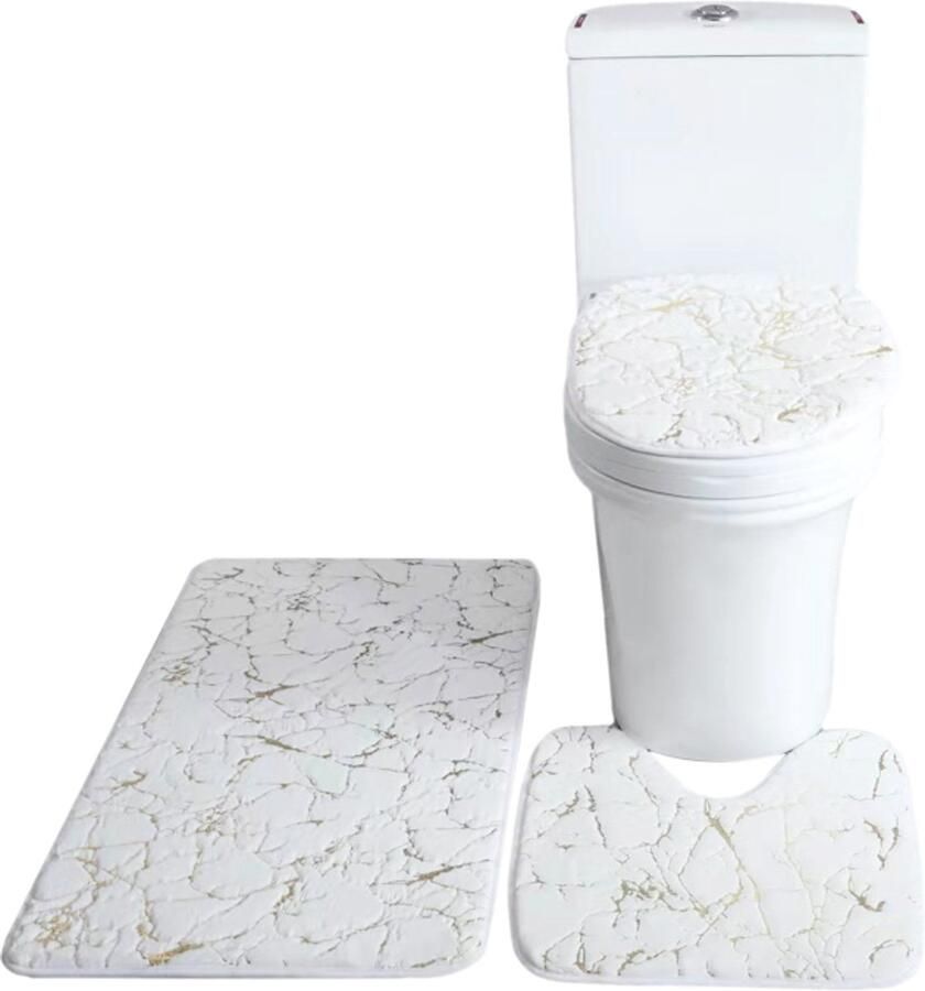 3 stuks badmat toiletdekselhoes U-vormig tapijt antislip zacht vloerkleed waterabsorberend marmer deurmat badkamermat tapijt stoelhoes tapijtset Wit