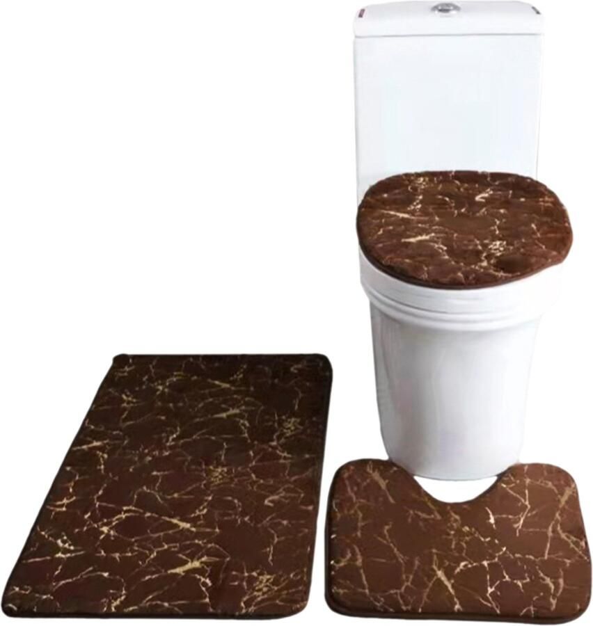 3 stuks badmat toiletdekselhoes U-vormig tapijt antislip zacht vloerkleed waterabsorberend marmer deurmat badkamermat tapijt stoelhoes tapijtset Koffie