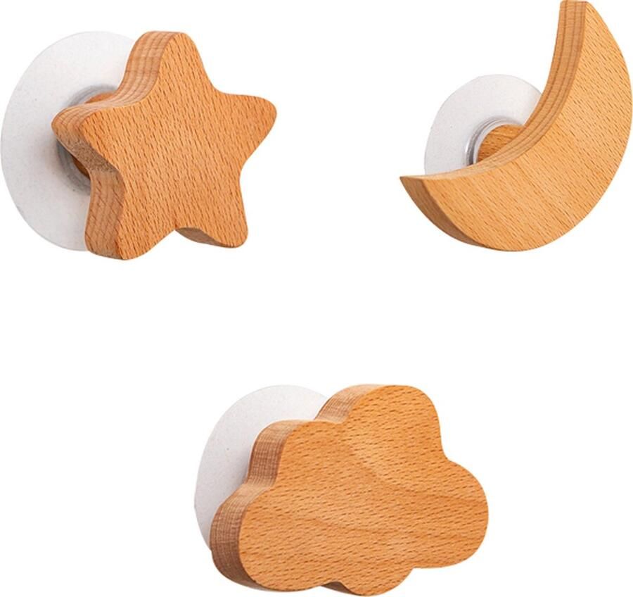 3 stuks Beukenhouten Kapstokhaken – Ster Maan & Wolk