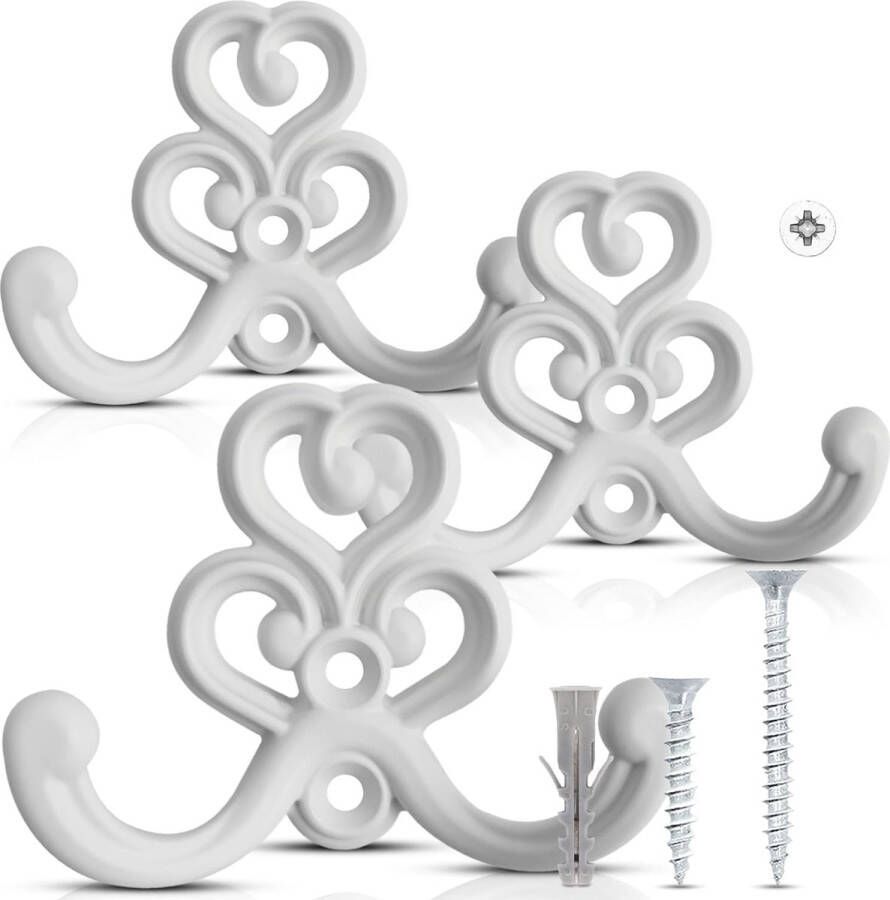 3 stuks garderobehaken wit kledinghaken vintage wandhaken garderobe extra stabiel incl. 12x kwaliteitsschroeven en 6x pluggen retro shabby chick landhuisstijl - Foto 2