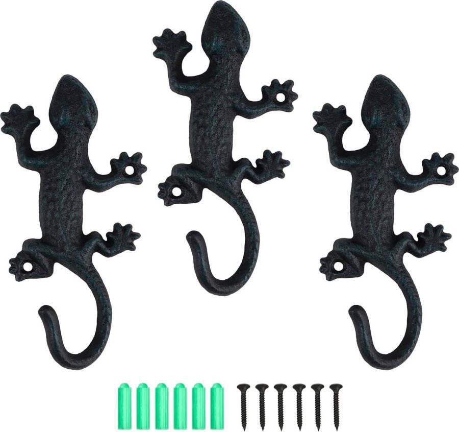 3 stuks Gecko garderobehaken rustieke garderobehaken gietijzeren wandhaken vintage met schroeven kledinghaken muur om op te hangen kleding sleutels hoeden tassen zwart-groen
