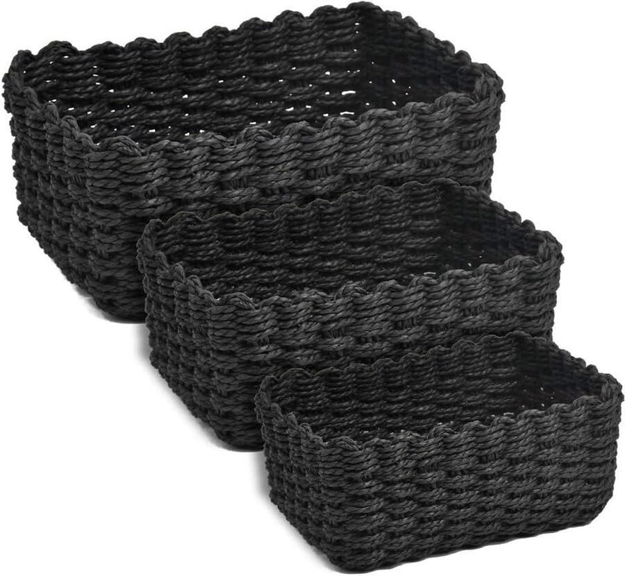 3 stuks gevlochten van gerecycled papiertouw 3 maten opbergmanden gevlochten plankmanden organizer voor kasten badkamer keuken slaapkamer (zwart)