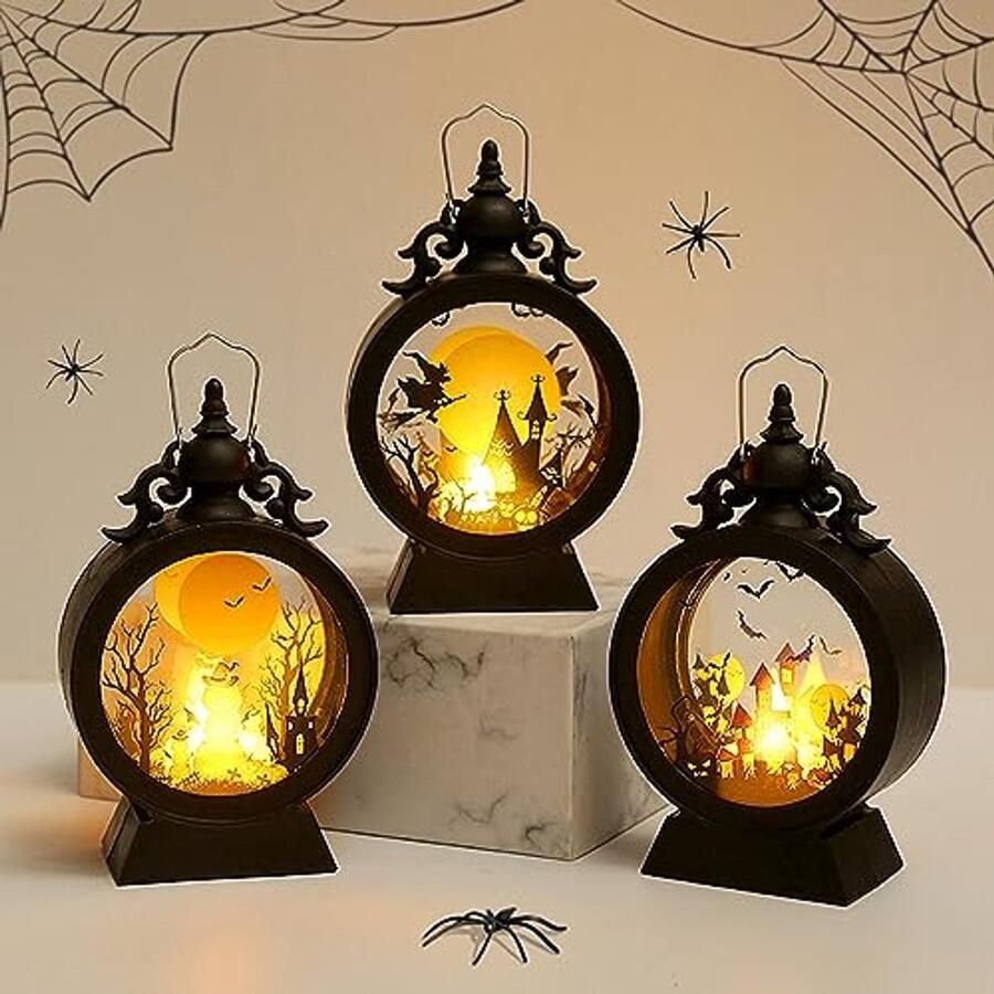 3 stuks Halloween lantaarn LED kaars vintage ronde hangende lantaarn pompoen heks kasteel lantaarn Halloween decoratieve LED lamp voor tuin feest tafel middelpunt