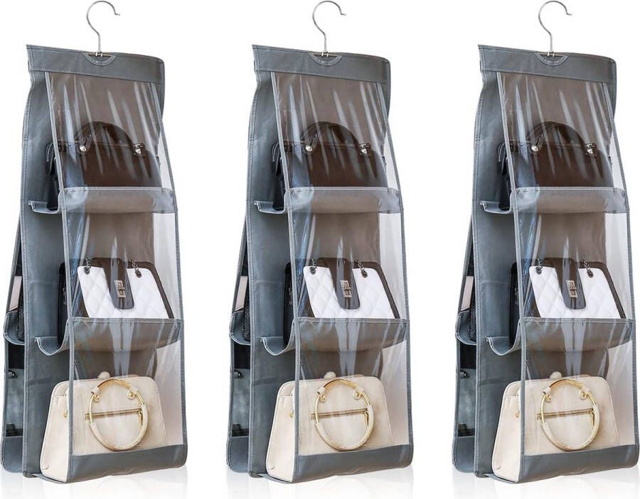 3 stuks handtasopberger hangende handtasopberger met 6 transparante zakken hangende opbergruimte bespaart ruimte geschikt voor handtassen (grijs)