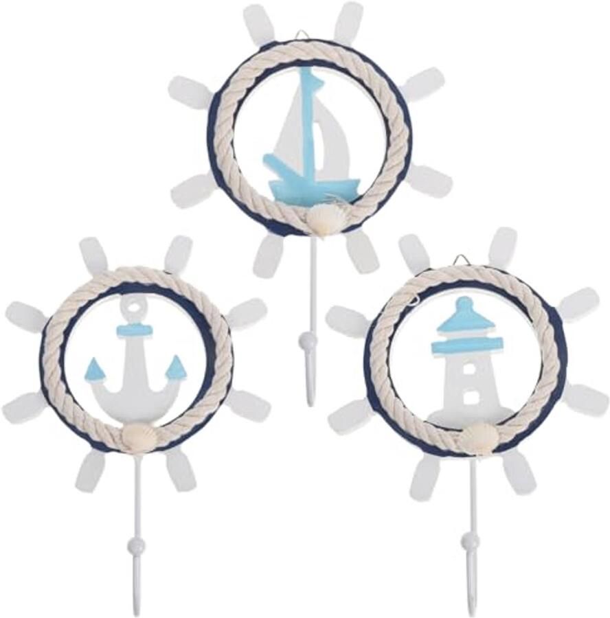 3 stuks houten kapstokhaken decoratief stuurwiel en zeilboot kindermuurhaken kapstokhaken sleutelhaken haken voor woonkamer slaapkamer badkamer wanddecoratie