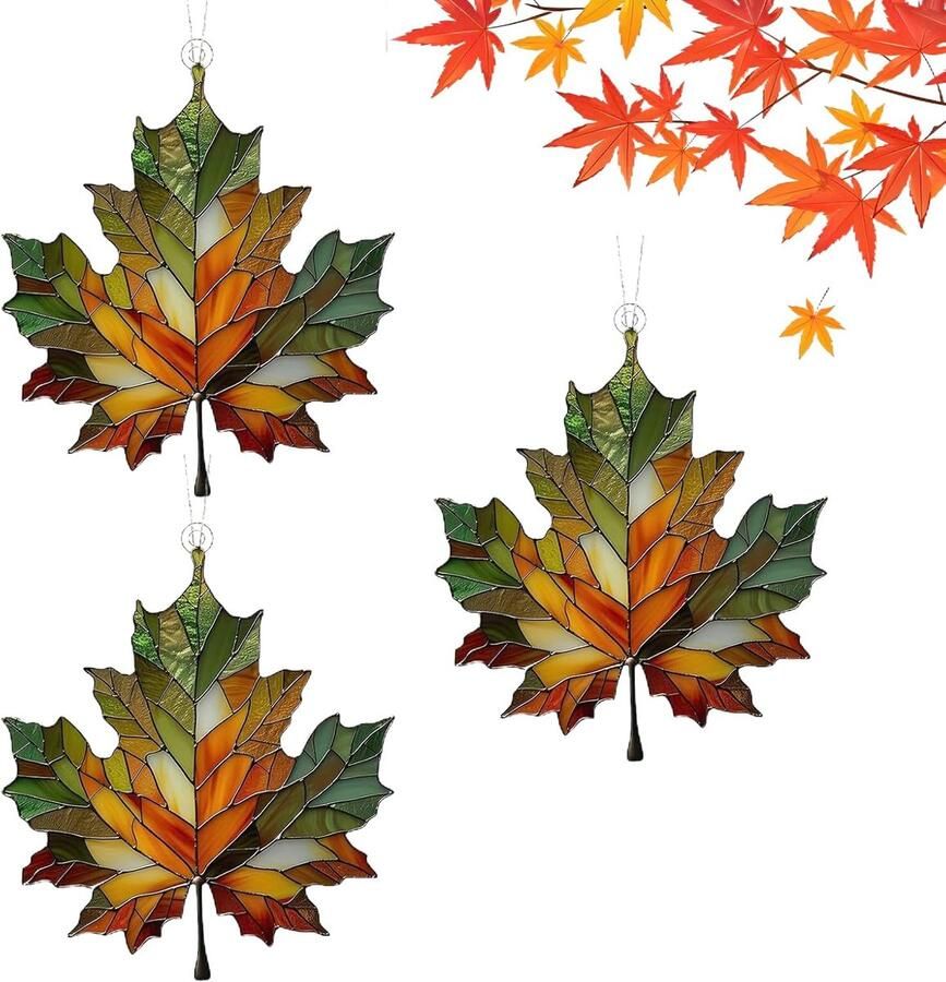 3 stuks kleurrijke esdoornbladdecoraties 2D plat esdoornblad glas-in-lood raam hangende herfstdecoraties herfstdecoratie hanglamp van glas esdoornblad zonnevanger herfstdecoratie esthetische buitendeur B