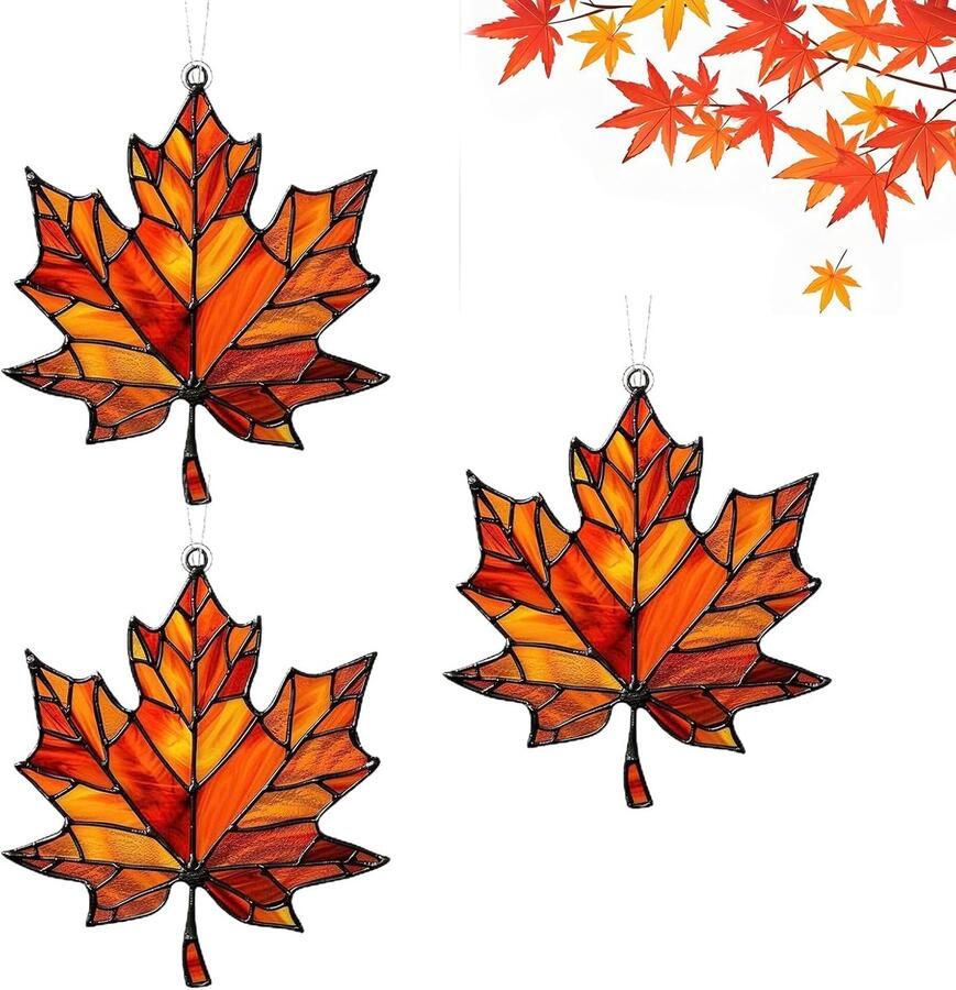 3 stuks kleurrijke esdoornbladdecoraties 2D plat esdoornblad glas-in-lood raam hangende herfstdecoraties herfstdecoratie hanglamp van glas esdoornblad zonnevanger herfstdecoratie esthetische buitendeur A