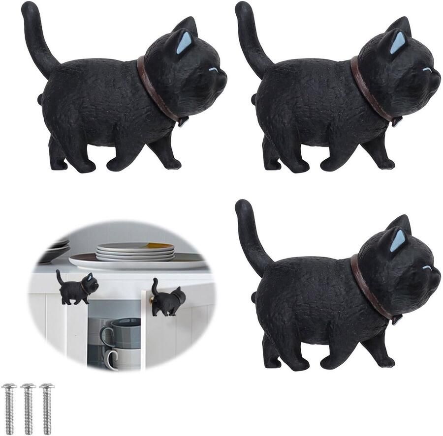 3 stuks knoppen voor kast zwarte kattendeurknoppen draaibare kattenkop meubelknop geschikt voor kledingkasten laden kinderkamer kasten kaptafels