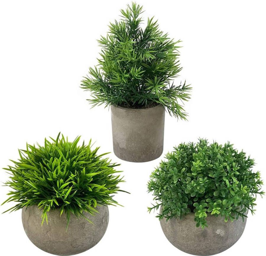 3 STUKS. Kunstplanten in potten 21CM en 12CM Kunstpottenset Plastic Nep Groen Gras met Grijze Pot Mini Planten Bureau Decoratieve Planten