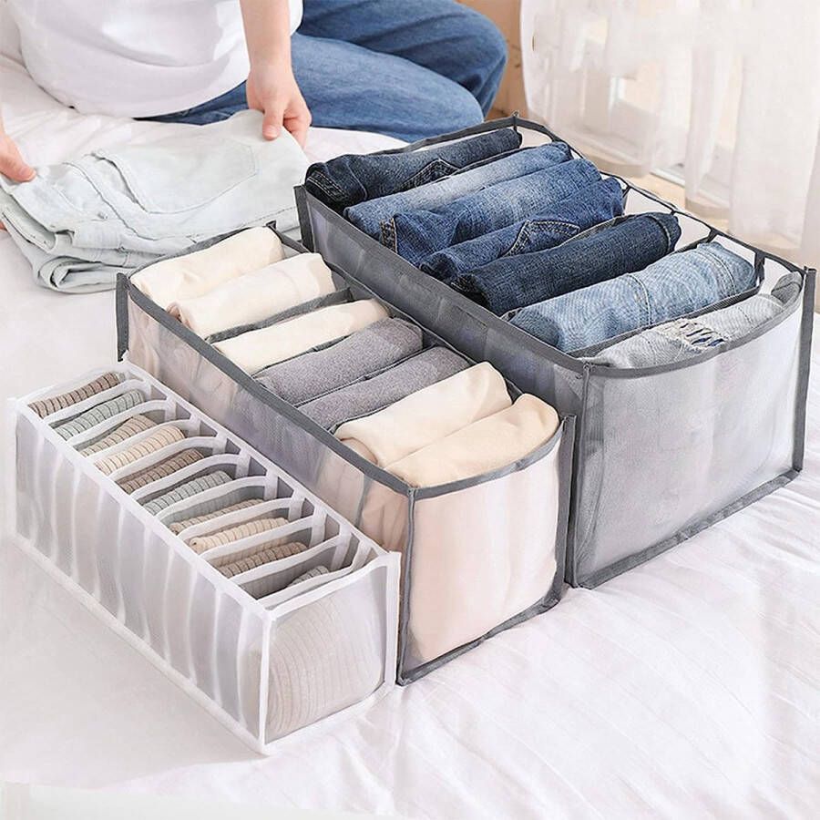 3 stuks lade-organizer opvouwbare mesh-opbergdoos jeansorganizer met 7 vakken 7 cellen vouwladeverdeler sokkenorganizer met 11 vakken