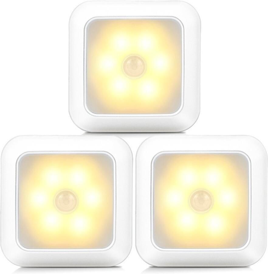 3 stuks LED Lamp met Bewegingssensor -Witte behuizing warm Wit Nachtlamp op Batterij Draadloos Sensor Kastverlichting Trapverlichting Nachtlampje Aluminium