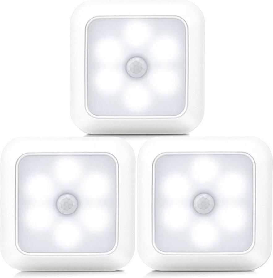 3 stuks LED Lamp met Bewegingssensor -Witte behuizing Wit Nachtlamp op Batterij Draadloos Sensor Kastverlichting Trapverlichting Nachtlampje Aluminium