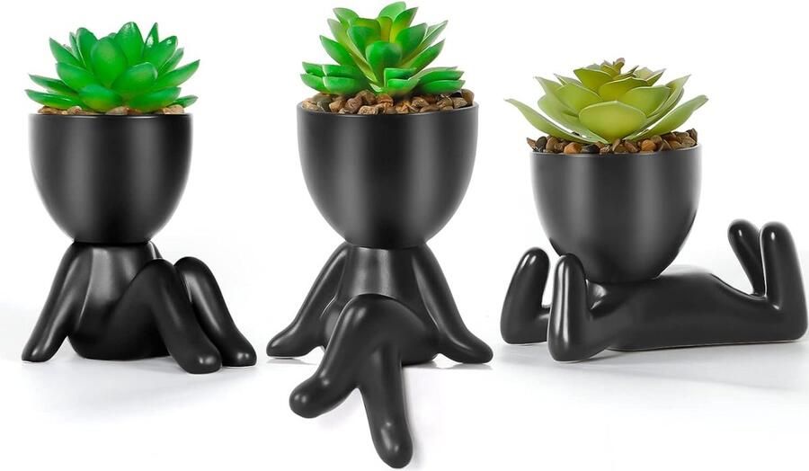 3 stuks nepplanten binnenshuis in zwarte menselijke vormige keramische potten kunstmatige vetplanten potplant mini faux vetplanten decor voor thuiskantoor tafel bureau woonkamer planken