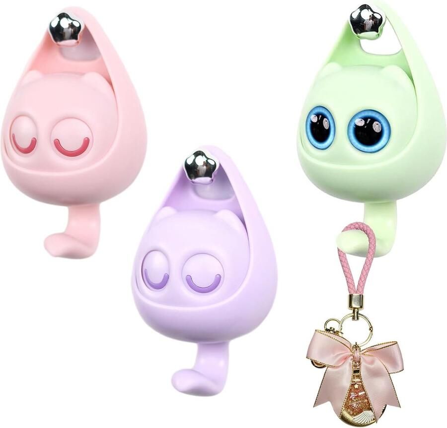 3 stuks oogknipperende kattenhaken dierenhaken zelfklevende sleutelhaken garderobehaken voor kinderen mantel sjaal muts handdoek sleutel (roze paars groen)