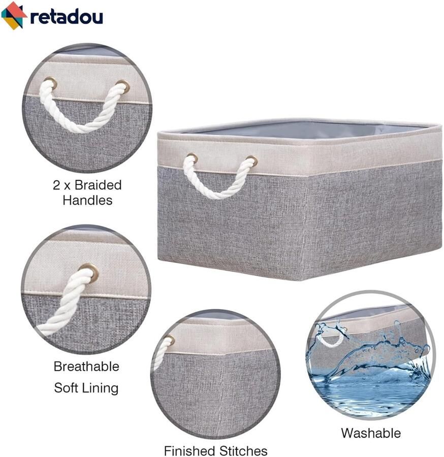 Retadou 3 stuks opbergdoos opbergmand met handvat stoffen kubusmanden voor kast plank kleding 34 x 22 x 17 cm wit grijs