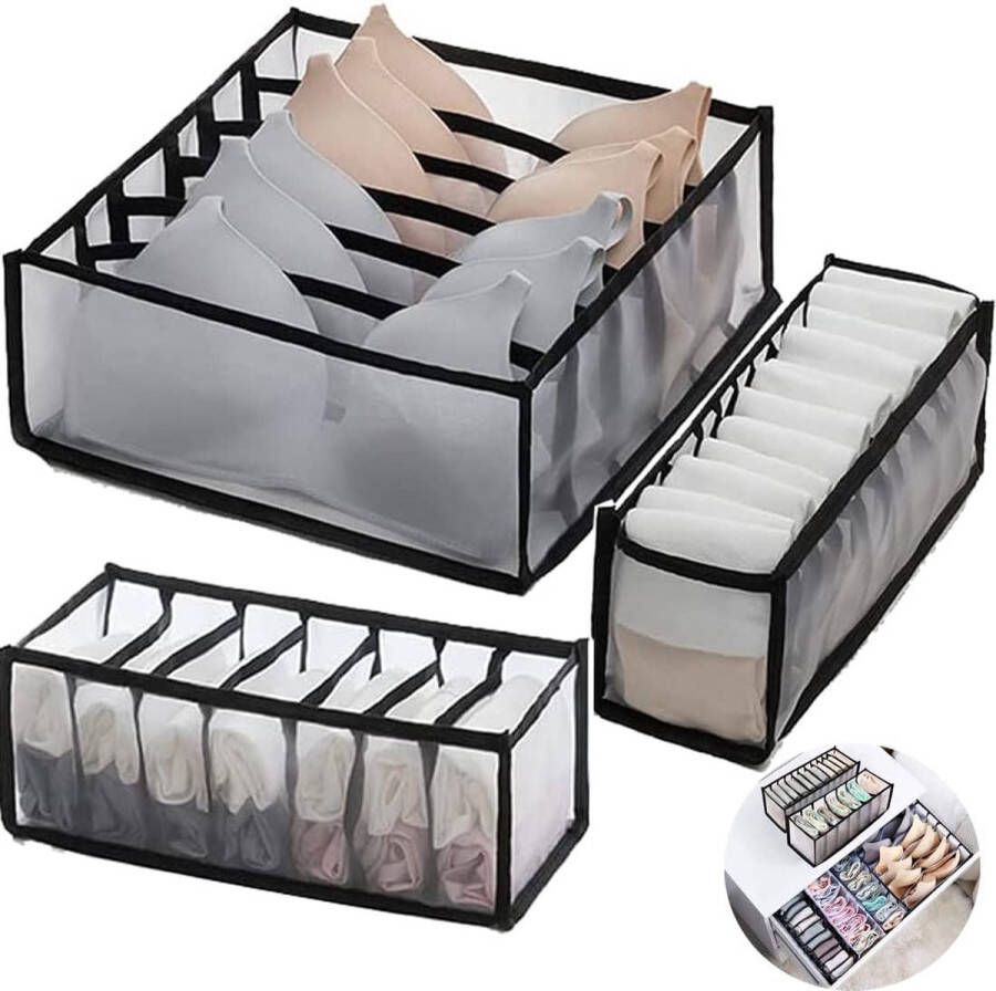 3 stuks opvouwbare mesh-opbergdoos ondergoed-lade-organizer lade-organizer opbergdozen voor kleding ondergoed babykleding beha's sokken stropdassen (zwart)