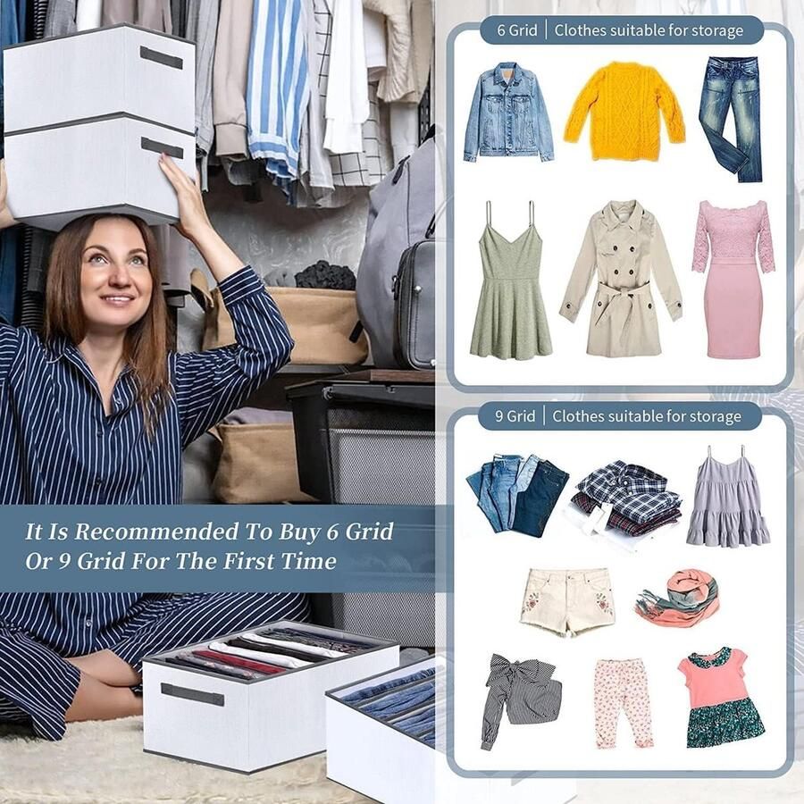 3 stuks Organisator Garderobedozen Organisatiesysteem Broeken Garderobe Opvouwbaar Stapelbare Lade-inzetstukken voor Kasten Jeans Overhemden Kleding 36 x 24 x 20 cm 7 compartimenten Grijs - Foto 2