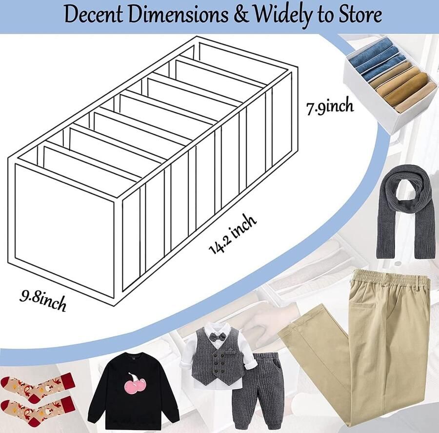 3 stuks Organisator Garderobedozen Organisatiesysteem Broeken Garderobe Opvouwbaar Stapelbare Lade-inzetstukken voor Kasten Jeans Overhemden Kleding 36 x 24 x 20 cm 7 compartimenten Grijs