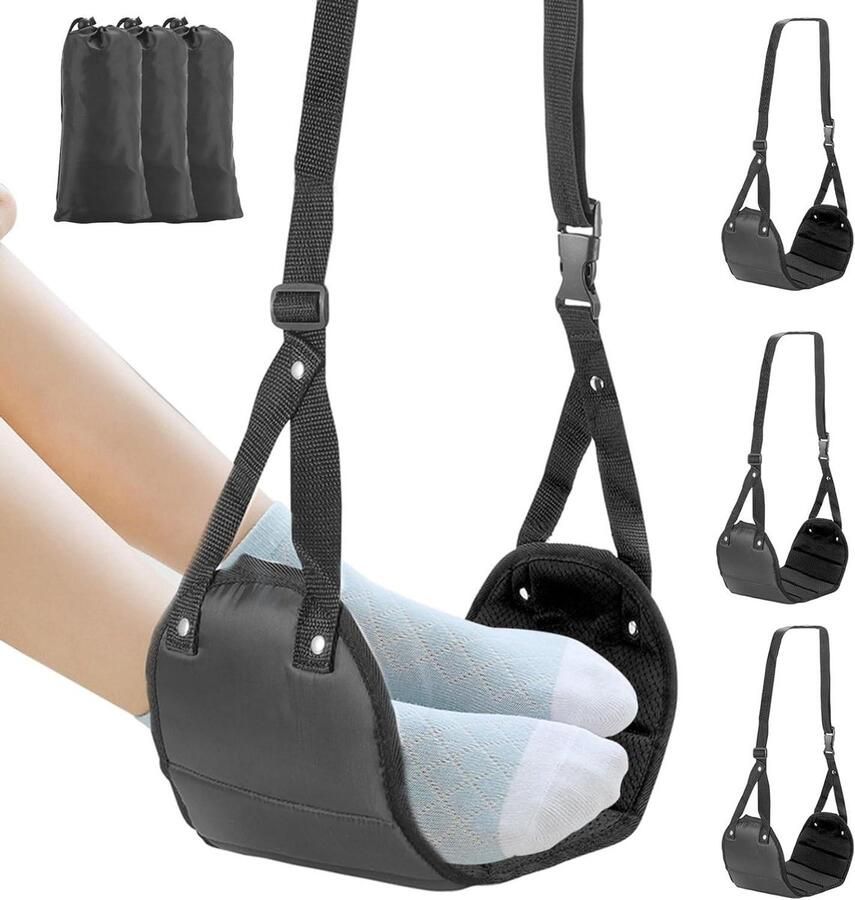 3 stuks Reisaccessoires: Opvouwbare Vliegtuigvoetsteunen in Zwart Draagbare Voethangmatten voor Comfortabel Reizen Hoogte Verstelbare Voethangmatten