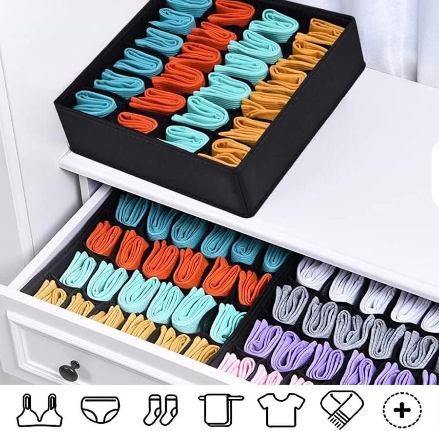 3 stuks sokken-organizer 24 cellen opbergdozen 32 x 31 x 10 cm sokkenorganizer kledingkast zwart kledingkast organizer voor sokken stropdassen riem