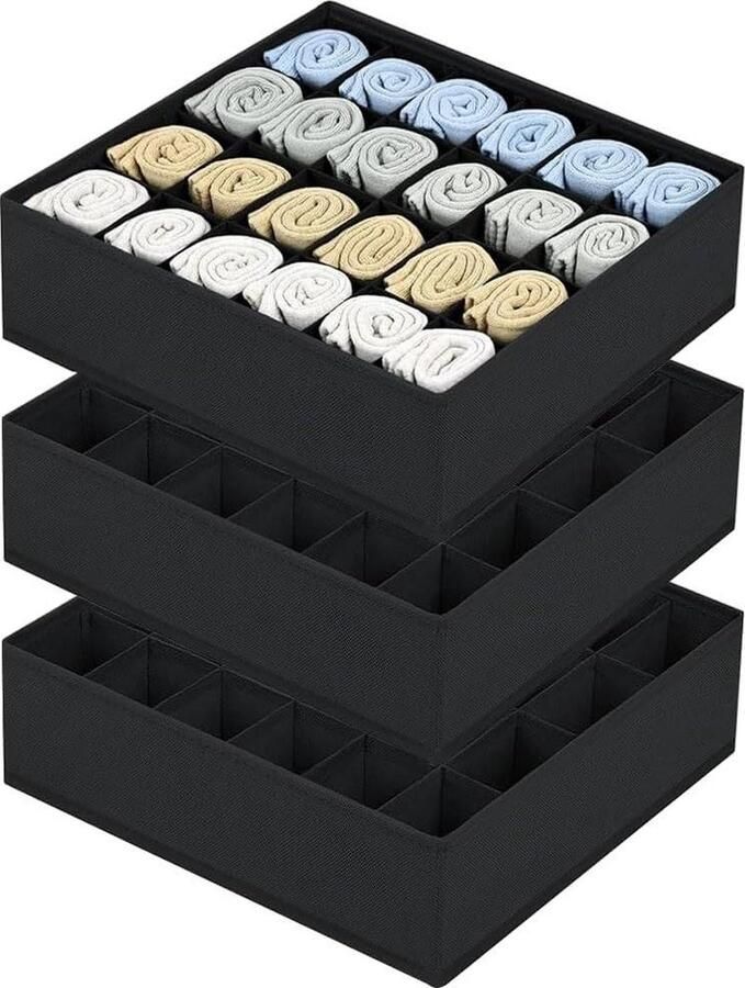3-stuks sokkenorganizer met 24 cellen opbergdozen 32 x 31 x 10 cm zwart kledingkast organizer voor sokken stropdassen riem Kledingkast