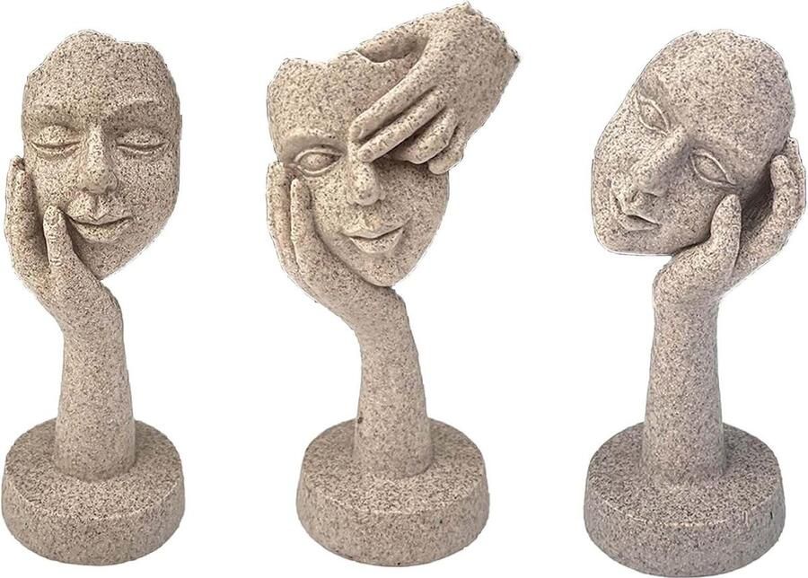 3 stuks standbeelden kunsthars denker standbeeld ornamenten voor woonkamer entree kantoor bureau cadeau decoratie (zandsteen)
